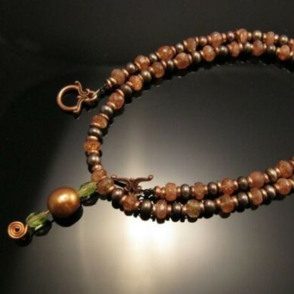 ❤❤Earth Tone Necklace with Sunstone, Pearl Peridot - Picture 1 of 4